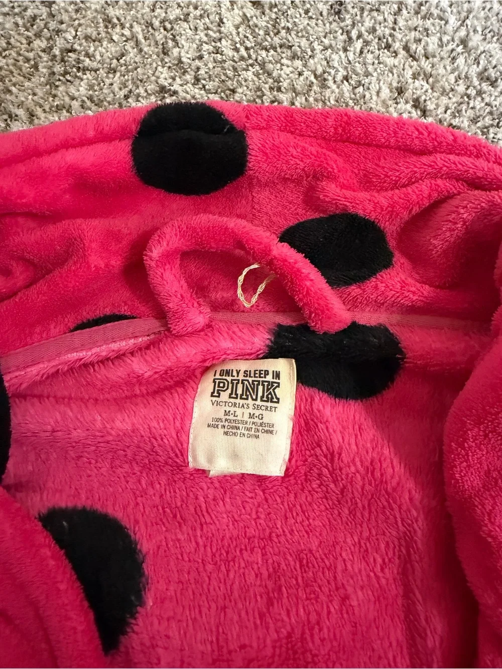 Pink Plush Robe with Black Polka Dots